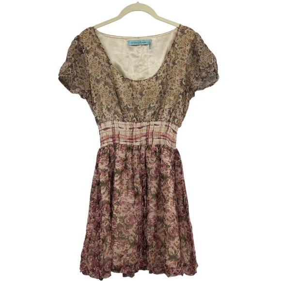 Guess by Marciano Sepia 100% Silk Floral A-line Short Sleeve Mini Dress S - Picture 2 of 16
